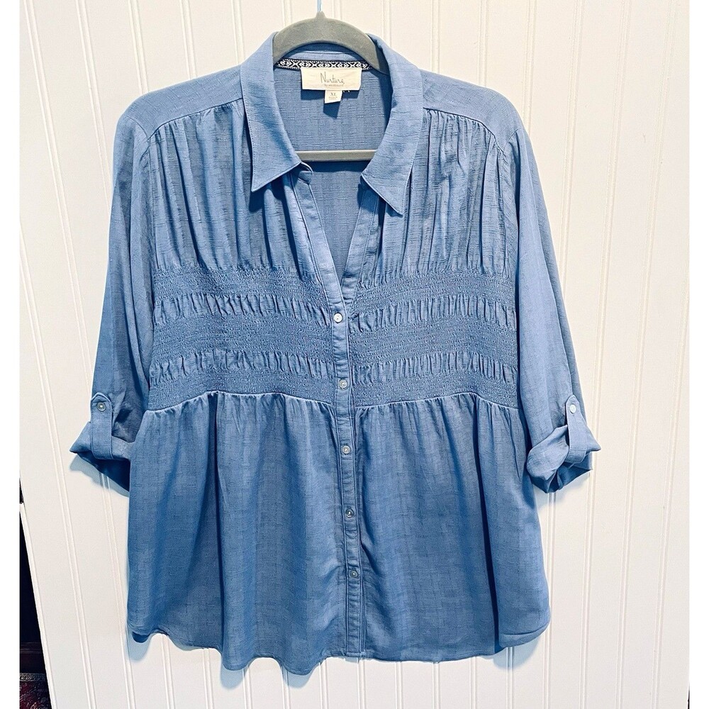 Nurture by Westbound Women's Blue Peasant Smocked Button Front Roll Tab Top XL